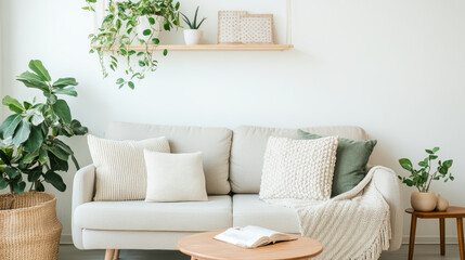A cozy living room featuring light colored sofa adorned with various textured cushions, surrounded by lush greenery and decorative plants. warm atmosphere invites relaxation and comfort