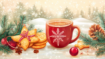 Epiphany tea with festive cookies and decorations. Epiphany. Illustration