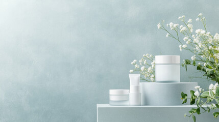 Elegant skincare products are displayed on soft blue surfaces, surrounded by delicate white flowers, creating serene and refreshing atmosphere