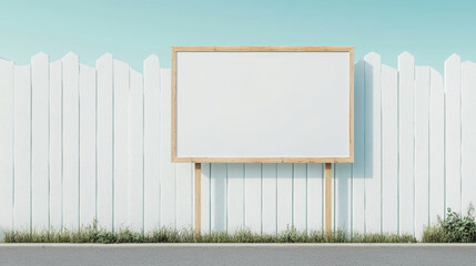 A blank billboard stands against white picket fence, surrounded by green grass and clear blue sky, creating serene and inviting atmosphere