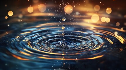 A water droplet is falling into the center of an ocean, creating ripples that spread out in all directions