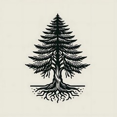 Black and white illustration of a majestic evergreen tree with detailed roots.