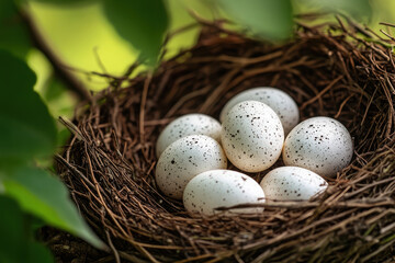 Obraz premium A close-up of a bird's nest containing six speckled eggs surrounded by greenery.
