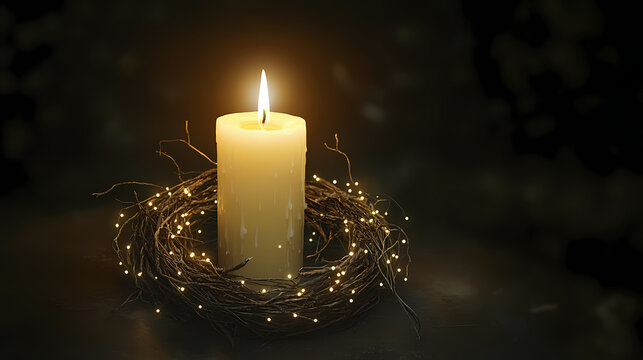 First advent sunday - christmas candle with magic lights - natural advent decoration - wreath made of twigs - rustic simple background. Epiphany. Illustration