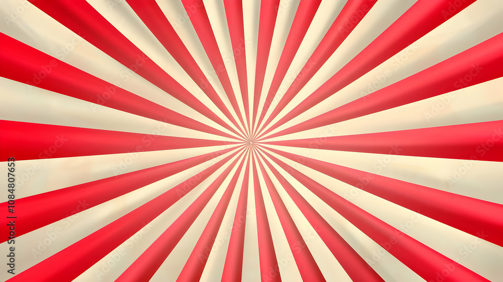 Poster abstract background with red and white striped sunburst pattern radiating from the center, creating 