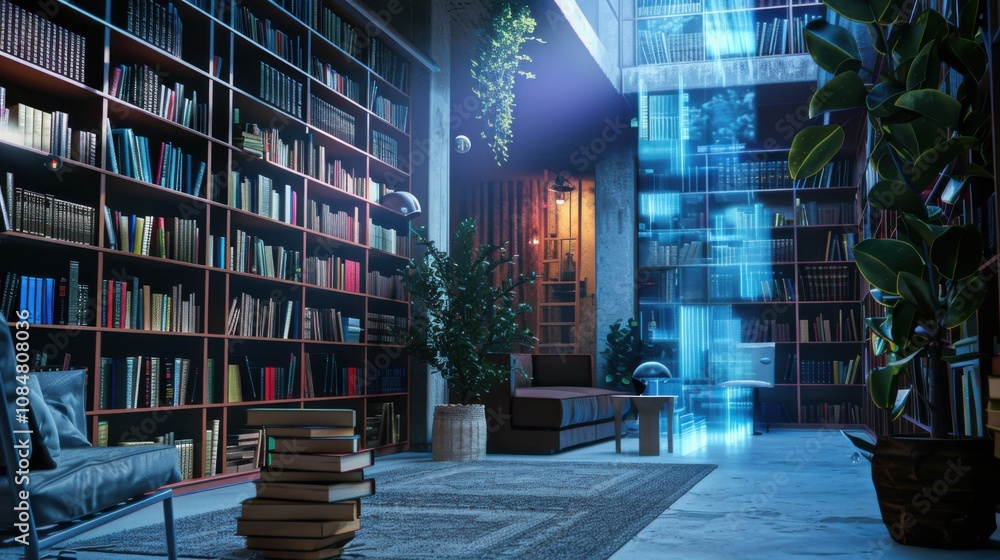 Poster a cozy library with a digital assistant hologram helping to find books, set in a modern apartment, s