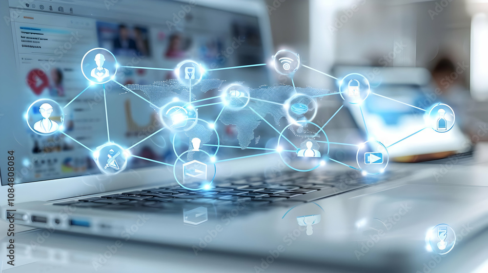 Poster a futuristic digital network illustration with icons depicting global connection and communication o