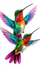 Obraz premium Vibrant illustration of two flying hummingbirds showcasing vivid feathers and intricate details, celebrating the beauty of nature and wildlife.