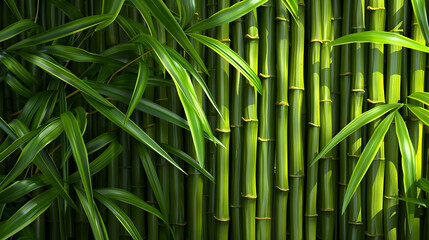 Obraz premium A Lush Green Bamboo Forest Wall with Overlapping Leaves Creates a Serene and Tranquil Atmosphere in a Digital Illustration