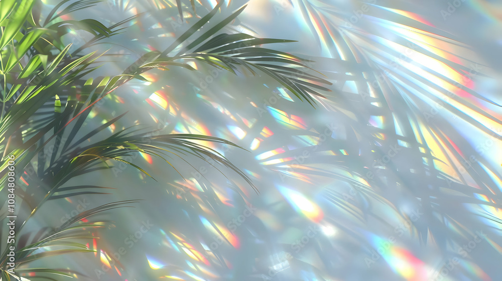 Poster abstract background with palm leaf shadows and iridescent light