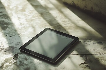 A tablet resting on a textured surface with soft shadows.
