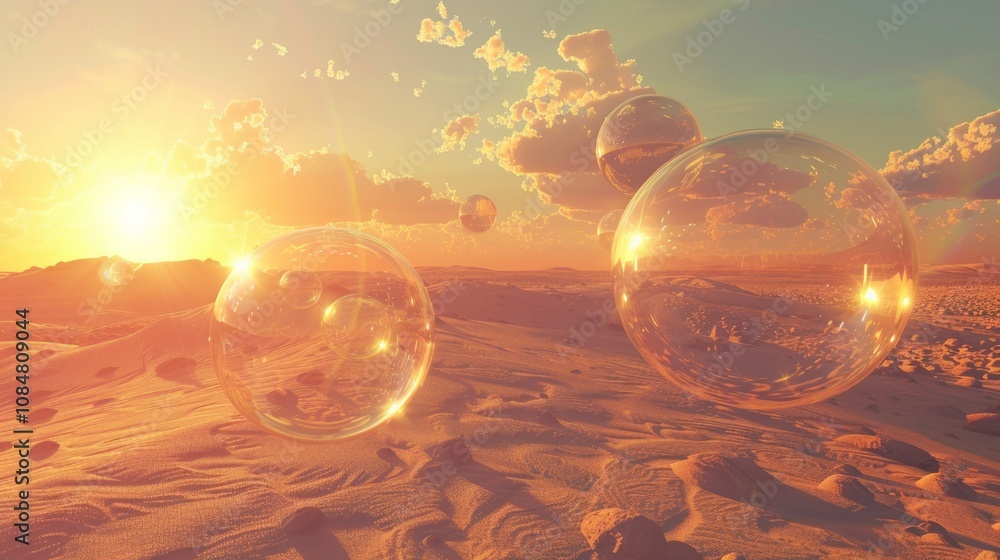 Poster large transparent bubbles float in the air over a vast desert landscape with a setting sun in the di