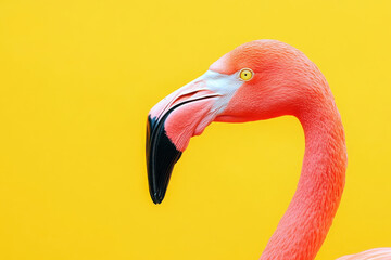 A close-up of a flamingo's head against a vibrant yellow background.