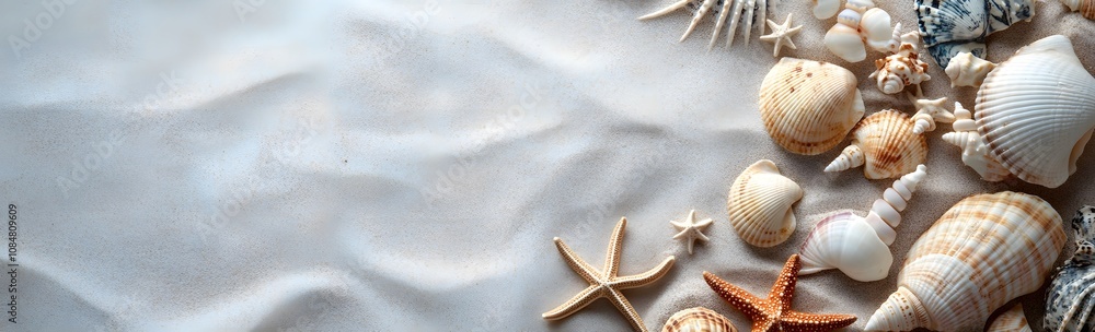 Poster a collection of various seashells and a starfish arranged on a textured surface.