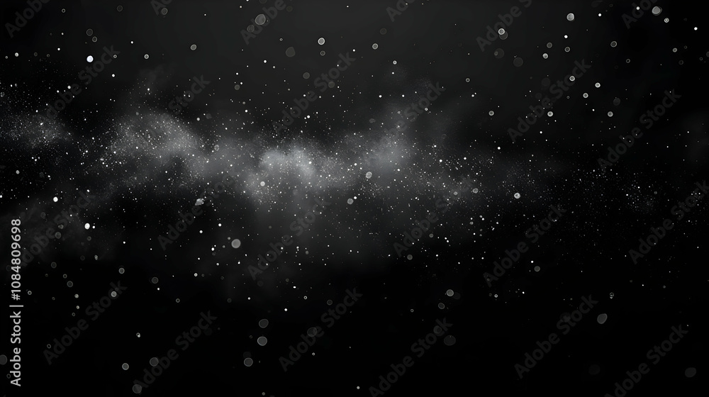Poster abstract black and white dust particles in a swirling motion, creating a cosmic or nebula-like backg