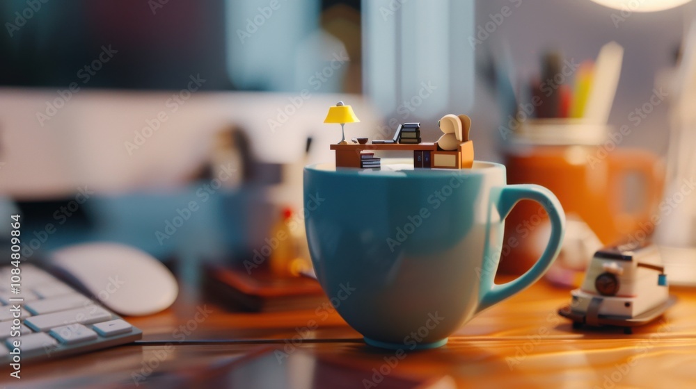 Poster a cup of coffee with a tiny office inside, set on a modern desk, symbolizing the blending of work an