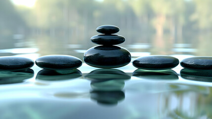 Fototapeta premium Smooth Black Stones Resting on Calm Water with a Stack of Stones in the Center, Creating a Tranquil and Serene Atmosphere