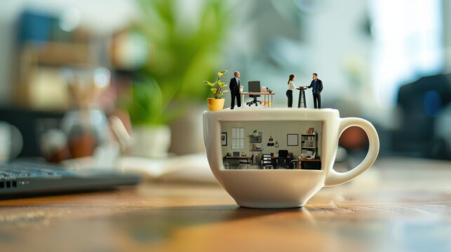 A cup of coffee with a tiny office inside, set on a modern desk, symbolizing the blending of work and leisure in modern life