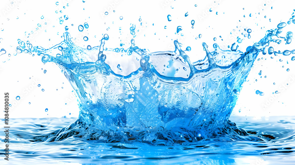 Poster a splash of water creating a crown-shaped pattern with droplets on a white background