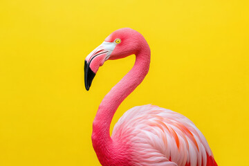 A vibrant pink flamingo against a bright yellow background, showcasing its elegant features.