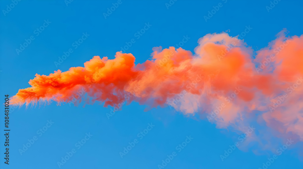 Poster a stream of bright orange smoke trails through a clear blue sky, creating a dynamic and abstract com