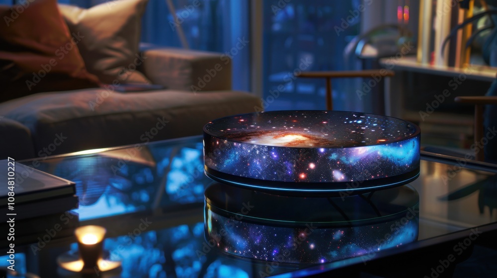 Aufkleber A desk lamp with a digital interface projecting a night sky filled with stars, placed on a modern glass desk, symbolizing the blend of functional objects and cosmic exploration