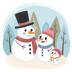 A lovely family of snowmen. Dad, mom and child in the winter forest. Christmas design concept.