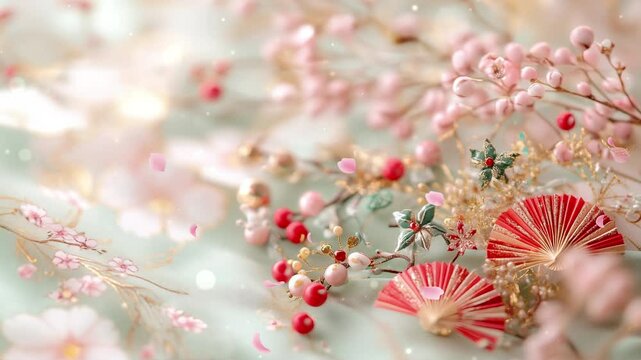 お正月や新春。桜や梅の花びらが散るキラキラ光の背景。和風の小物素材。(AI022)
