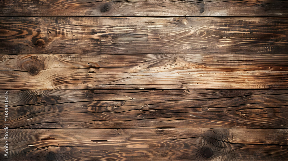 Poster close-up view of weathered wooden planks with natural grain patterns and knots, creating a rustic an