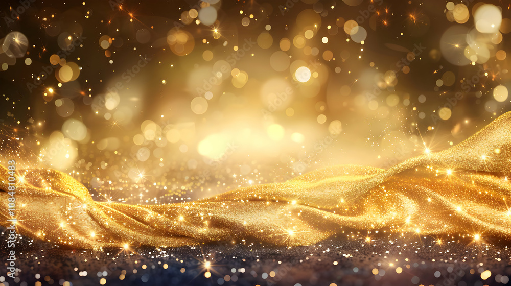 Poster abstract golden glitter background with shimmering fabric drape and bokeh lights
