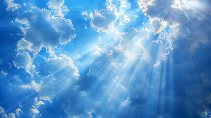 Sunbeams Pierce Through White Clouds in a Clear Blue Sky with a Sun Flare Effect