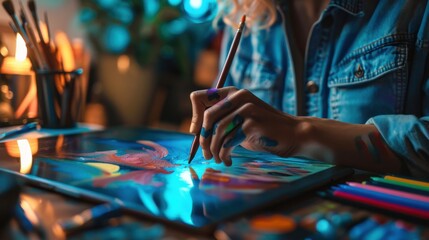 Fototapeta premium A digital artist creating artwork on a high-resolution tablet, Artistic creativity scene, Contemporary style