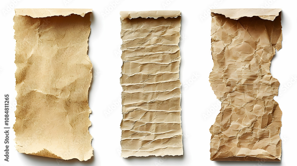Poster three pieces of crumpled brown paper with uneven edges arranged in a row on a white background