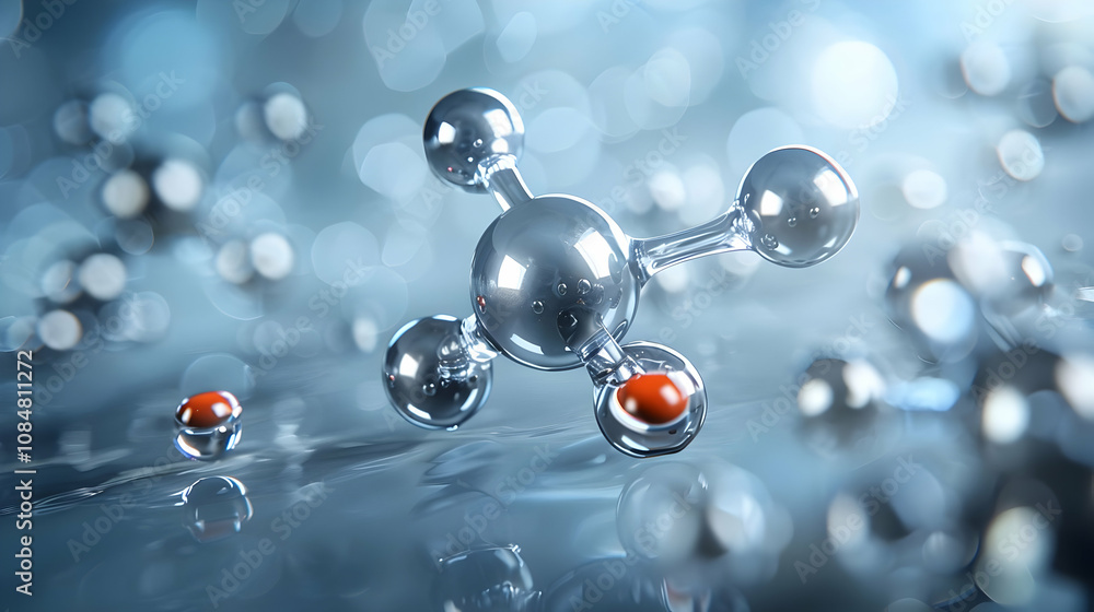 Poster a 3d render of a shiny molecular structure with red and clear spheres connected by clear tubes, floa