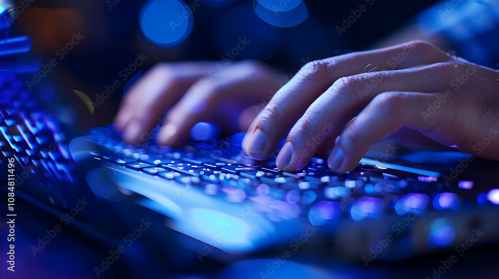 Poster close-up of hands typing on a laptop keyboard with blue backlighting in a low light setting