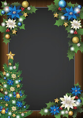 クリスマスツリーのあるクリスマス黒板、かわいい、縦、イラスト、背景、青