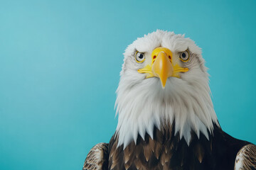 Obraz premium A close-up of a majestic eagle against a bright blue background.