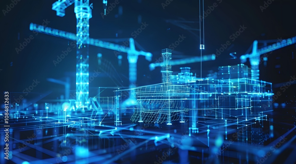 Poster digital representation of a construction site with cranes and building outlines in a futuristic styl