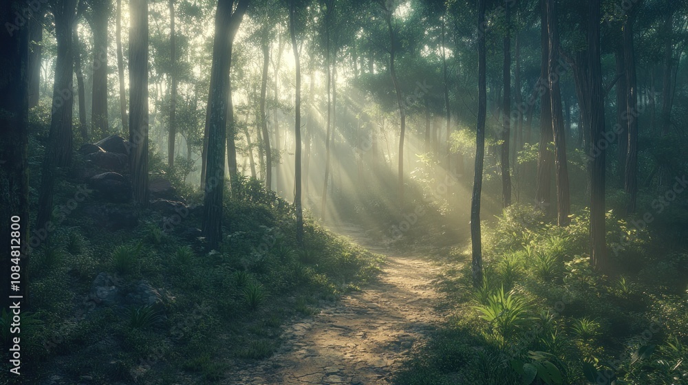 Aufkleber a serene forest path illuminated by soft rays of sunlight filtering through the trees.