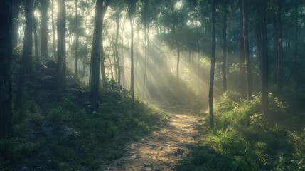 Obraz premium A serene forest path illuminated by soft rays of sunlight filtering through the trees.