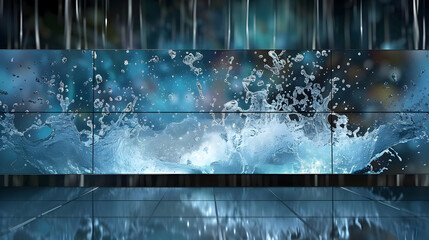A Splashing Water Display on a Modern Glass Wall with a Blurred Background, Showcasing a Dynamic and Artistic Water Feature