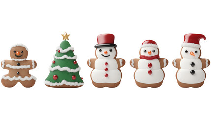 Festive Gingerbread Cookies Featuring a Gingerbread Man, Christmas Tree, and Snowmen isolated on transparent background	
