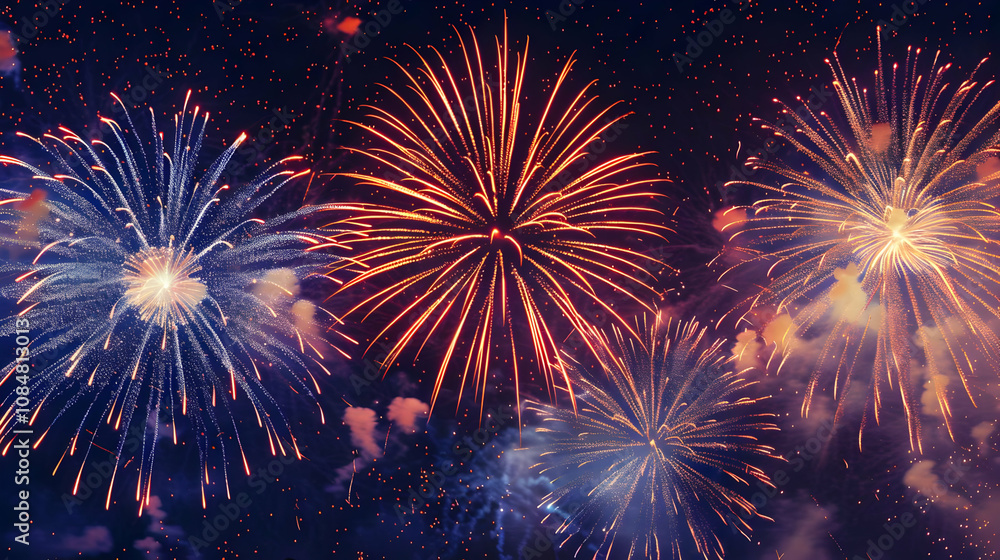Poster vibrant fireworks displaying in the night sky, illuminating the dark with colorful explosions and tr