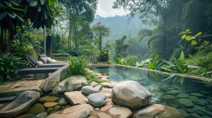 A digital detox retreat with serene nature views and wellness activities, Retreat scene, Nature escape style
