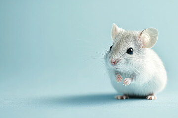 A cute white mouse with large ears and expressive eyes, posed against a soft blue background.