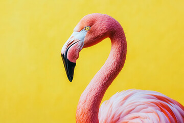 A close-up of a pink flamingo against a vibrant yellow background.