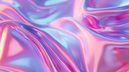 Obraz premium A vibrant, iridescent fabric texture with flowing waves in shades of blue and pink.