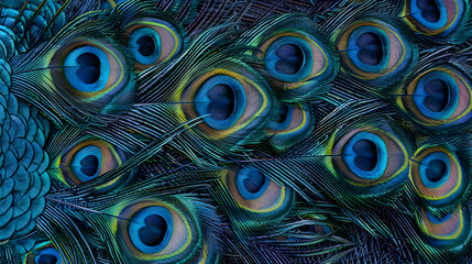 A Close-Up View of the Vibrant Blue, Green, and Yellow Colors of a Peacock's Feathers with Detailed Eye Patterns