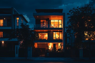Night view showcasing modern architectural houses.