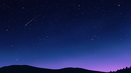 Starry night sky illustration with blue and purple gradient, mountain and forest silhouette, and shooting star. Background illustration for wallpaper, backdrop, cover, presentation, and video games